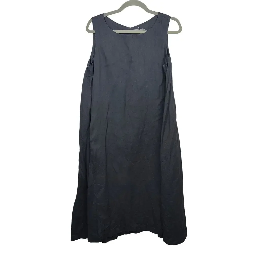 Muji Linen Dress Womens Medium Midi Black Sleeveless Pockets Japanese Minimalist